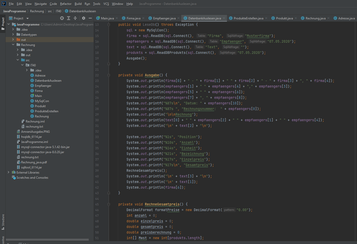 Java Klasse zum auslesen der MySql Datenbank